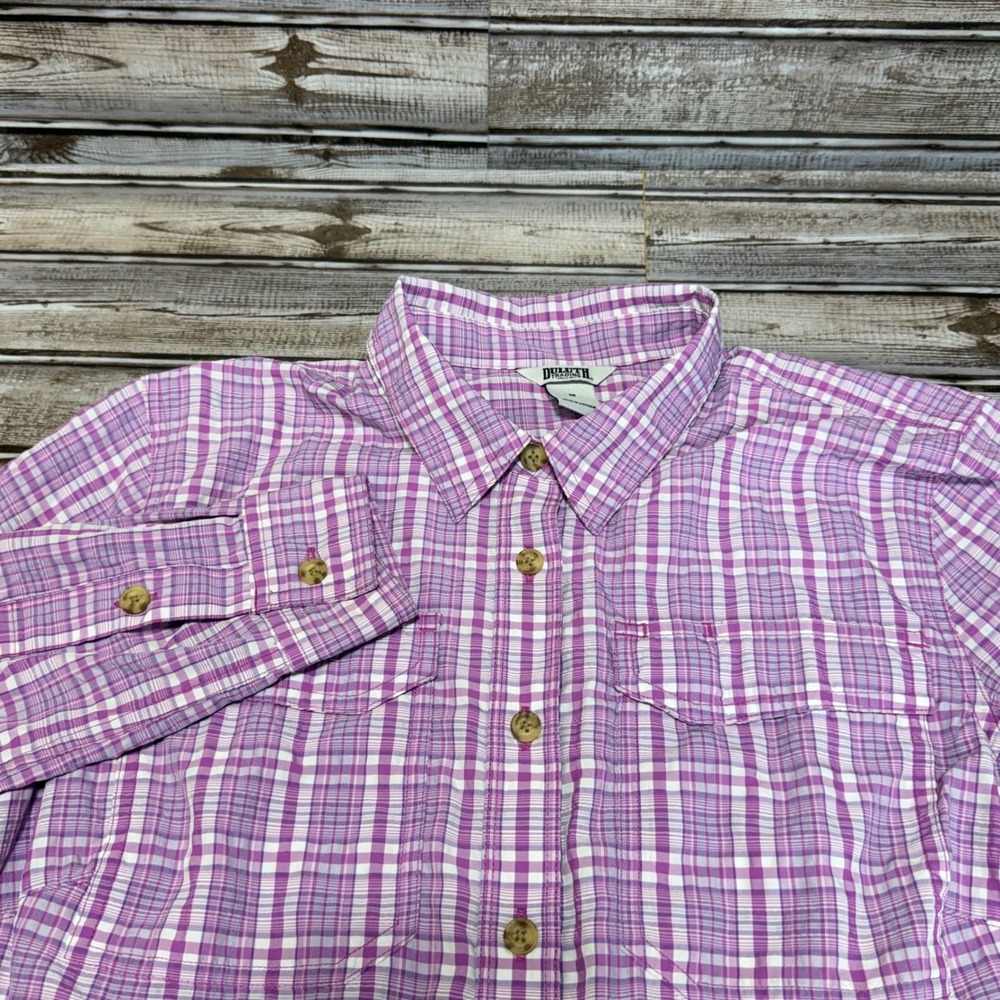 Duluth Trading Co Button Up Shirt Women Medium Purple Plaid Long Sleeve Roll Tab